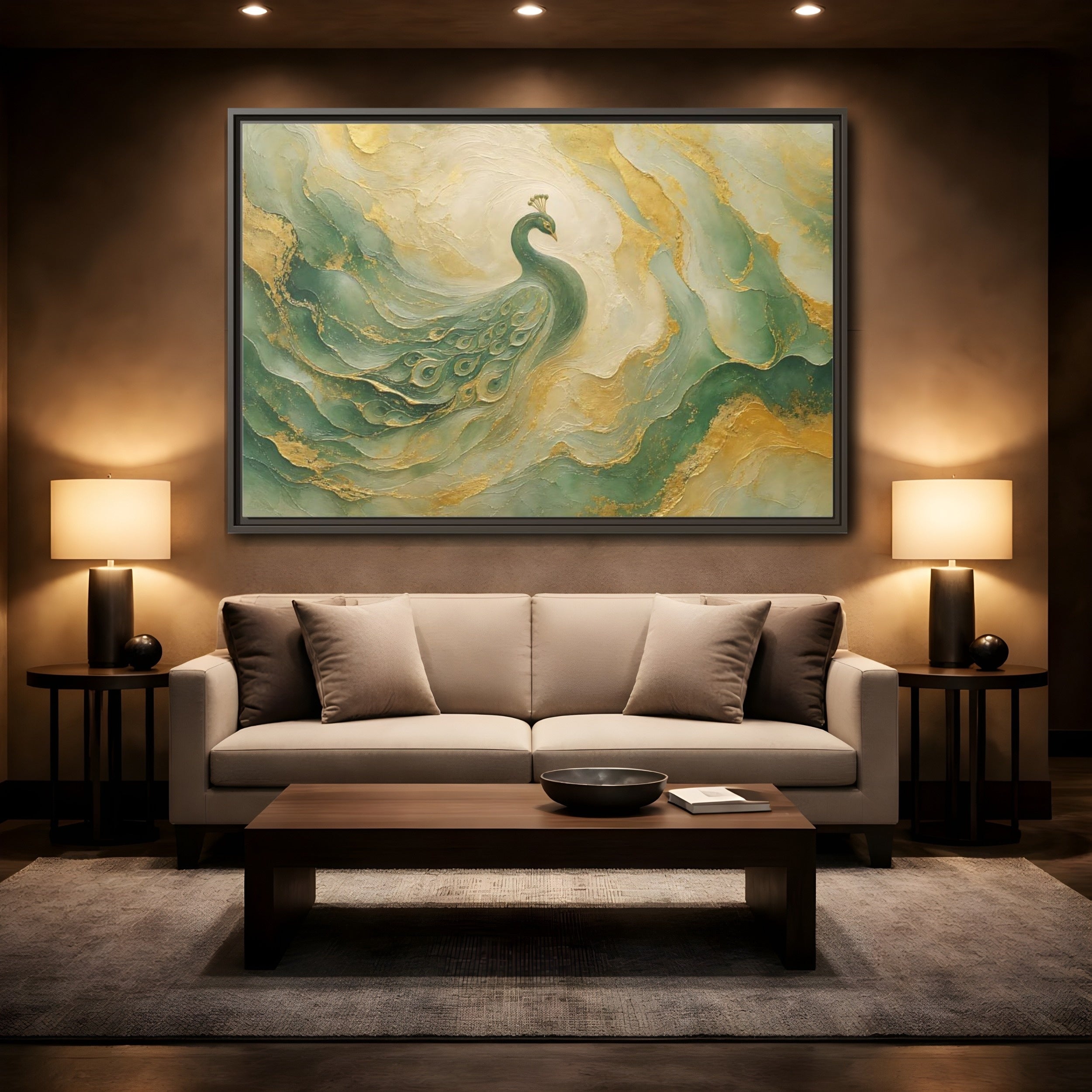 Mockup 2. Animals Peacock Emerald Gold Peacock shown as stretched canvas wall art