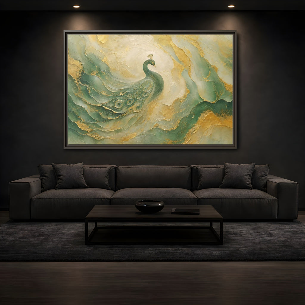 Mockup 3. Animals Peacock Emerald Gold Peacock shown as stretched canvas wall art
