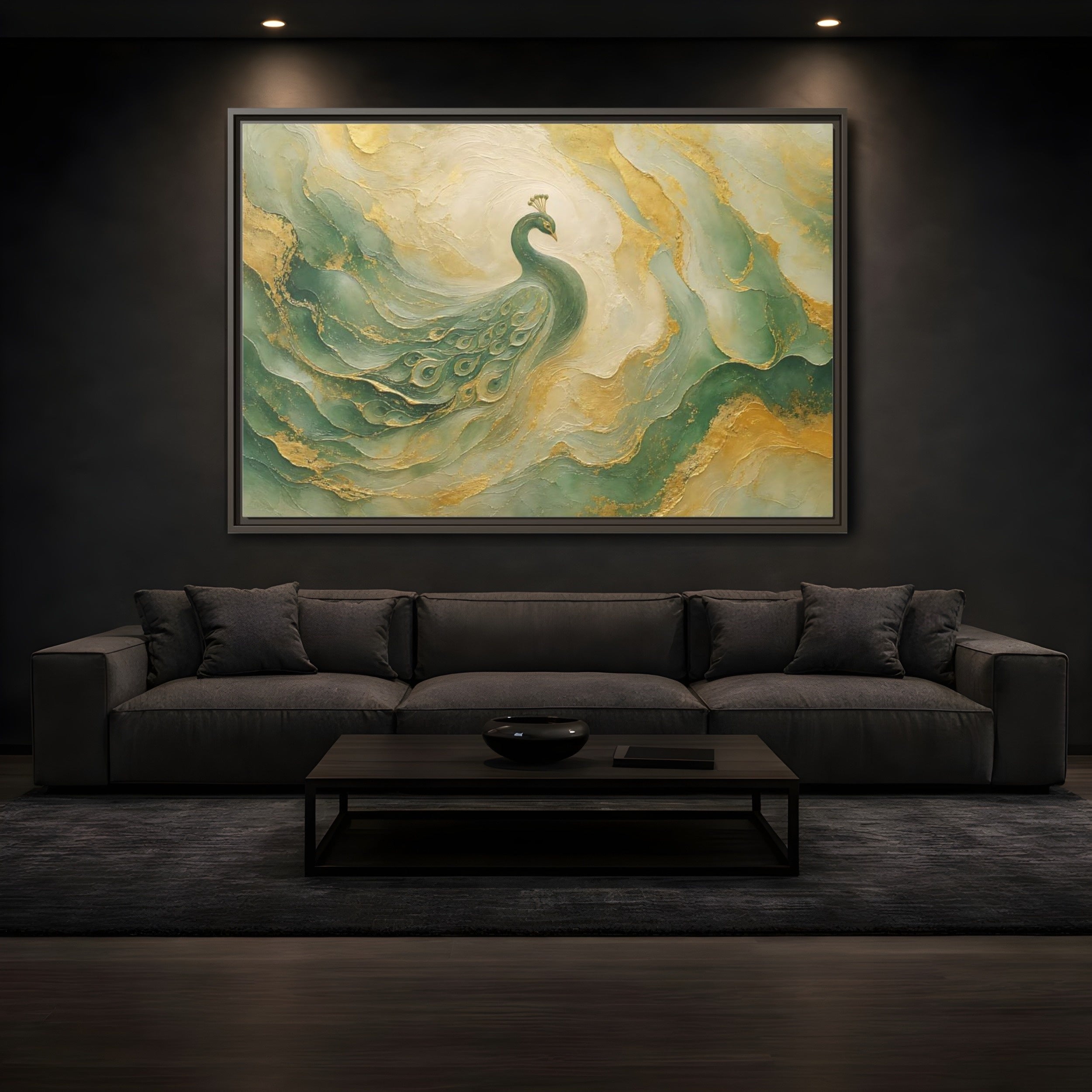 Mockup 3. Animals Peacock Emerald Gold Peacock shown as stretched canvas wall art