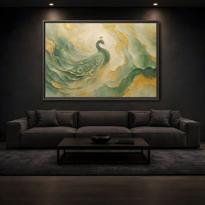 Mockup 3. Animals Peacock Emerald Gold Peacock shown as stretched canvas wall art