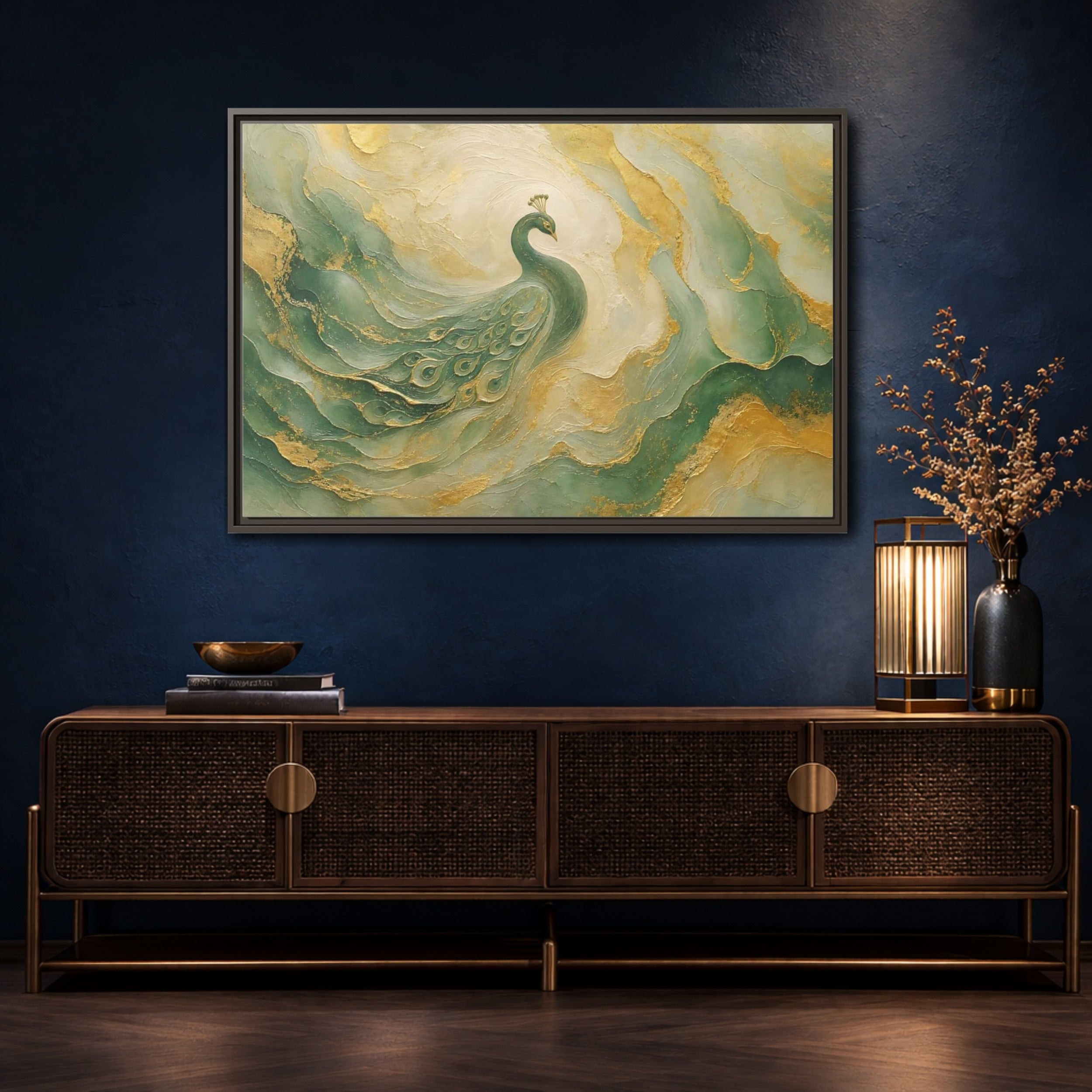Mockup 4. Animals Peacock Emerald Gold Peacock shown as stretched canvas wall art