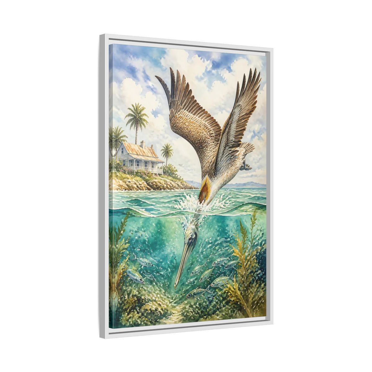 Side Mockup 10. Animals Pelican Pelican Ocean shown as stretched canvas wall art