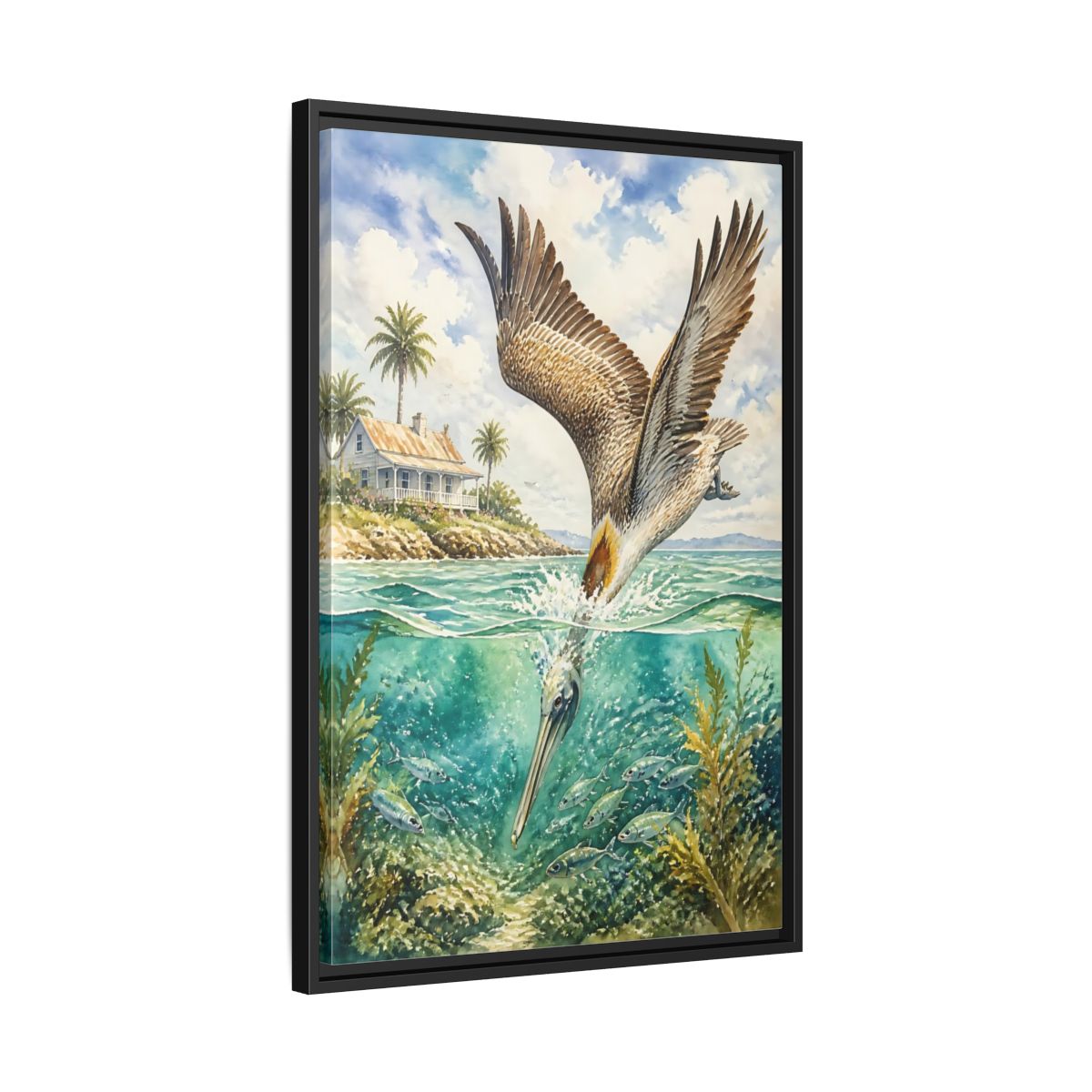 Side Mockup 14. Animals Pelican Pelican Ocean shown as stretched canvas wall art