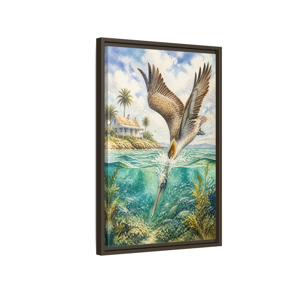 Side Mockup 2. Animals Pelican Pelican Ocean shown as stretched canvas wall art
