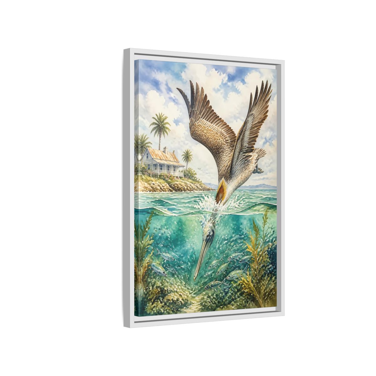 Side Mockup 1. Animals Pelican Pelican Ocean shown as stretched canvas wall art
