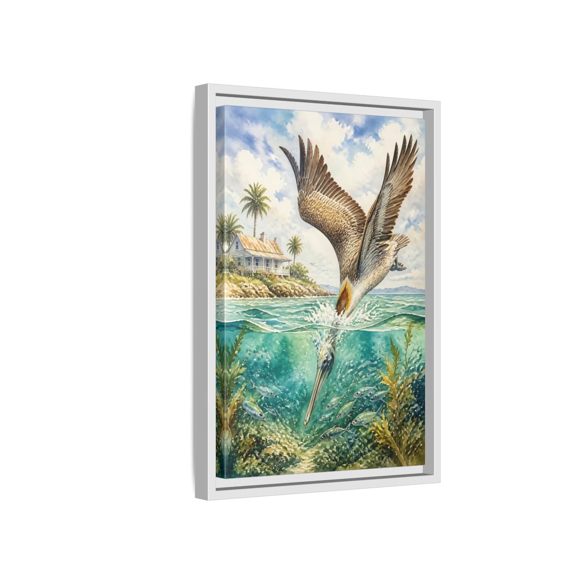 Side Mockup 4. Animals Pelican Pelican Ocean shown as stretched canvas wall art