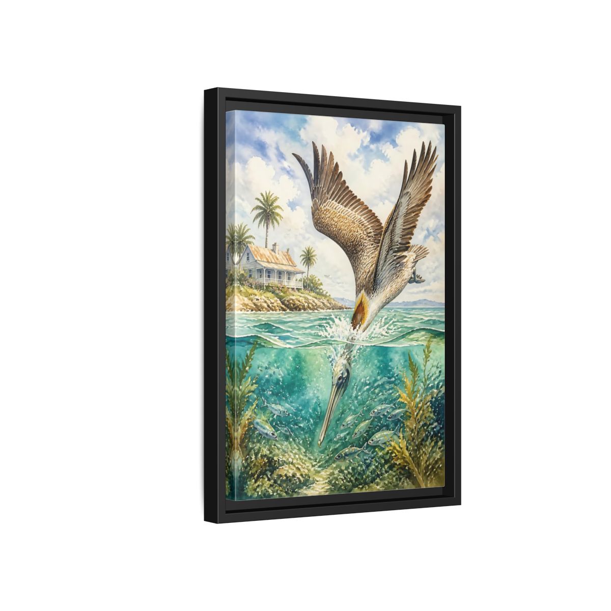Side Mockup 6. Animals Pelican Pelican Ocean shown as stretched canvas wall art