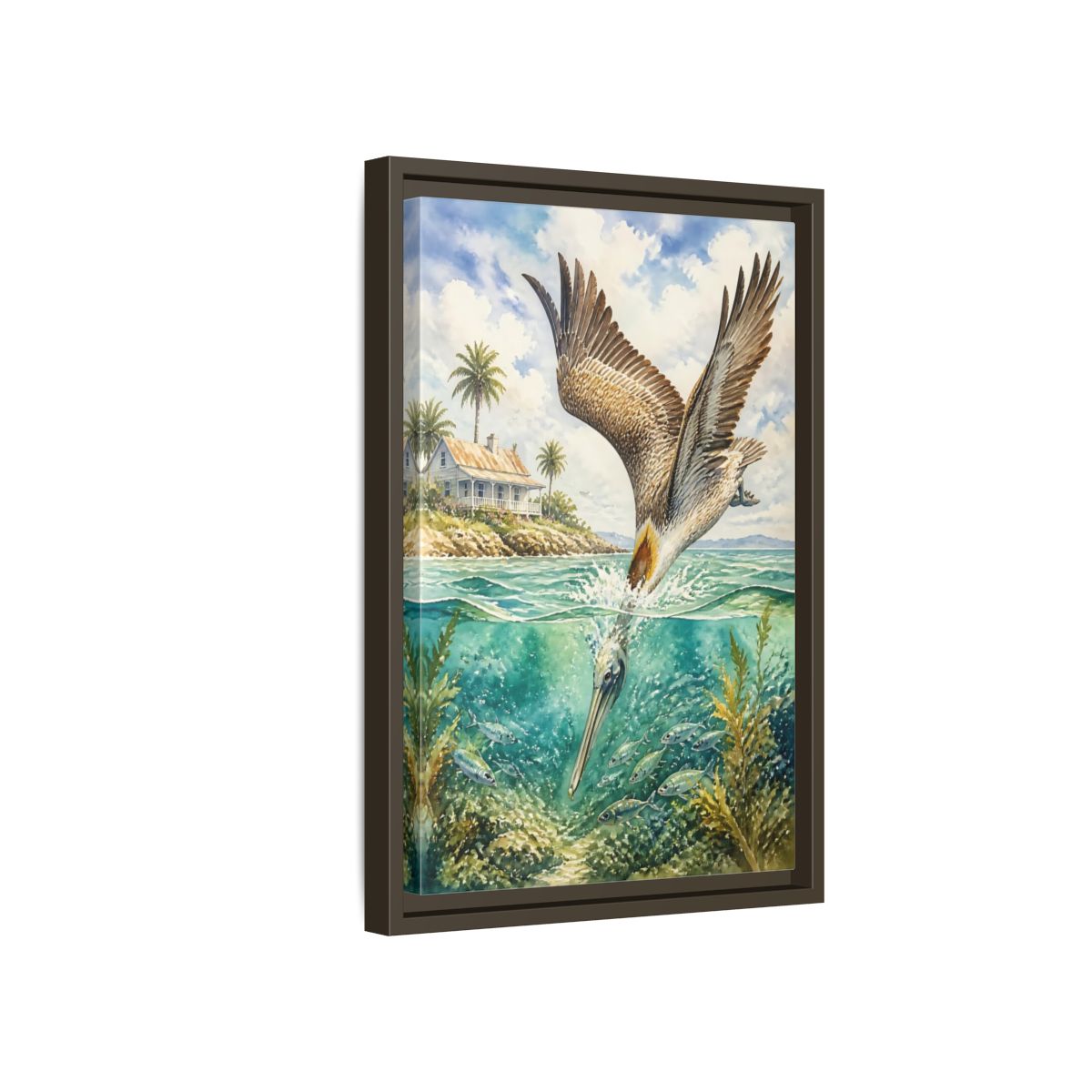 Side Mockup 5. Animals Pelican Pelican Ocean shown as stretched canvas wall art