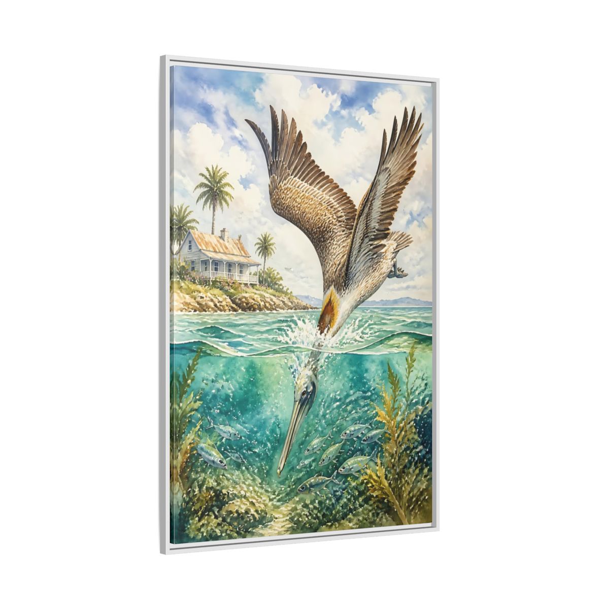 Side Mockup 7. Animals Pelican Pelican Ocean shown as stretched canvas wall art