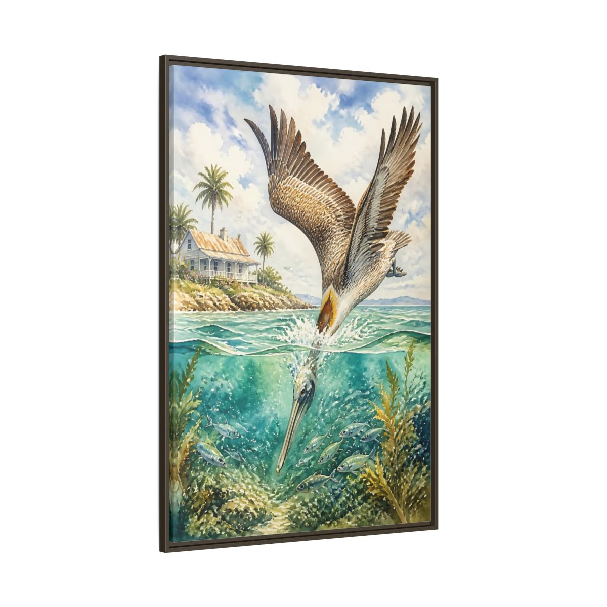 Side Mockup 8. Animals Pelican Pelican Ocean shown as stretched canvas wall art