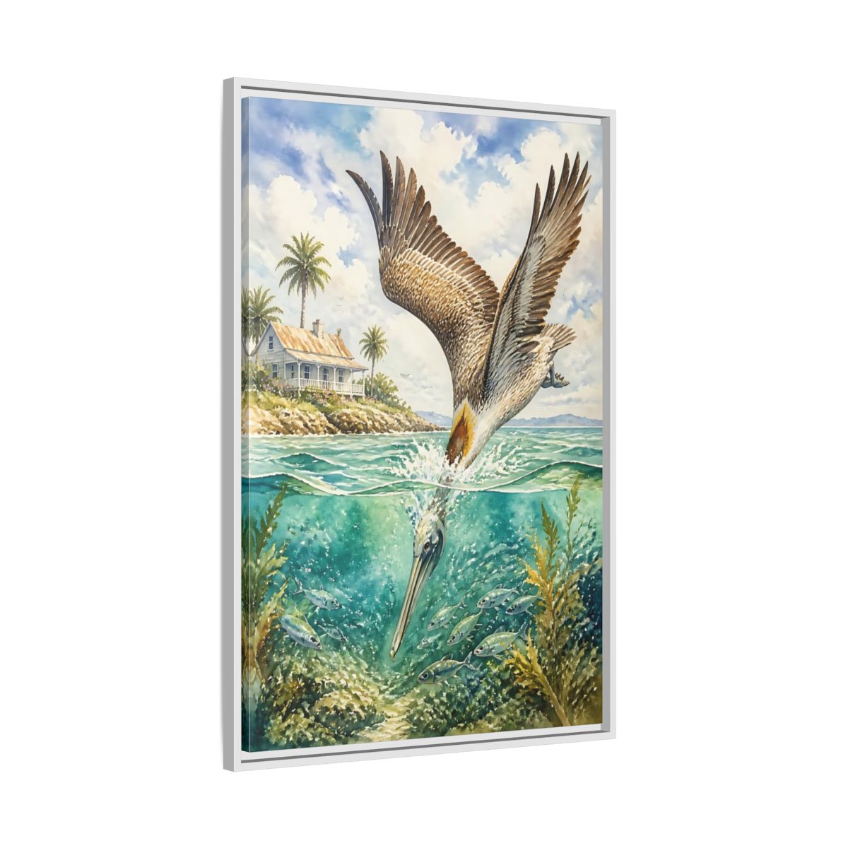 Side Mockup 9. Animals Pelican Pelican Ocean shown as stretched canvas wall art