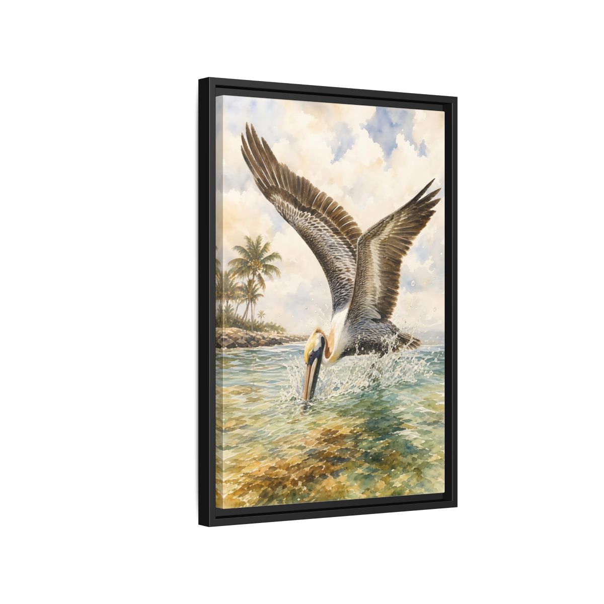 Side Mockup 3. Animals Pelican Pelican Ocean shown as stretched canvas wall art