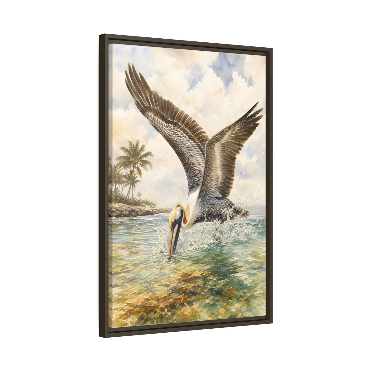 Side Mockup 11. Animals Pelican Pelican Ocean shown as stretched canvas wall art