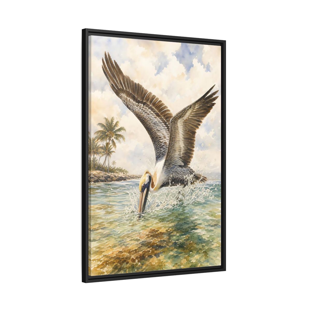 Side Mockup 13. Animals Pelican Pelican Ocean shown as stretched canvas wall art
