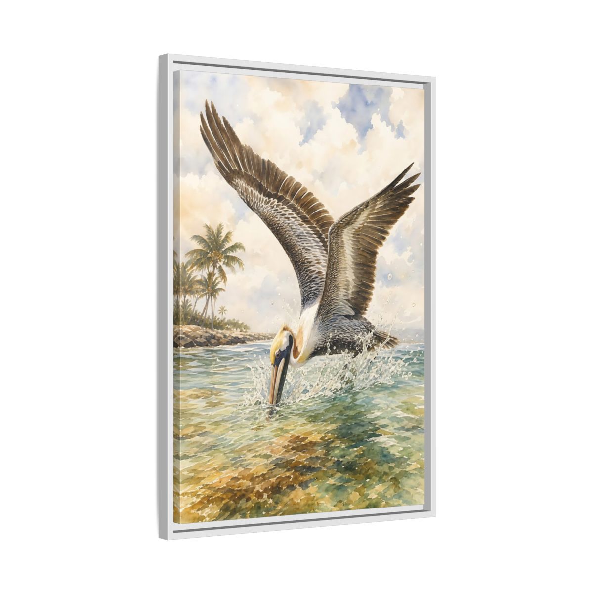 Side Mockup 10. Animals Pelican Pelican Ocean shown as stretched canvas wall art