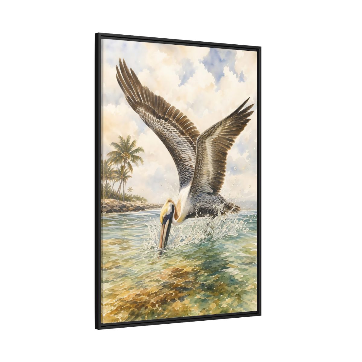 Side Mockup 12. Animals Pelican Pelican Ocean shown as stretched canvas wall art