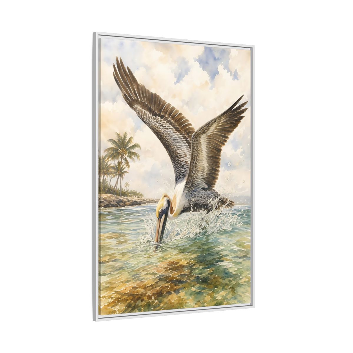 Side Mockup 7. Animals Pelican Pelican Ocean shown as stretched canvas wall art