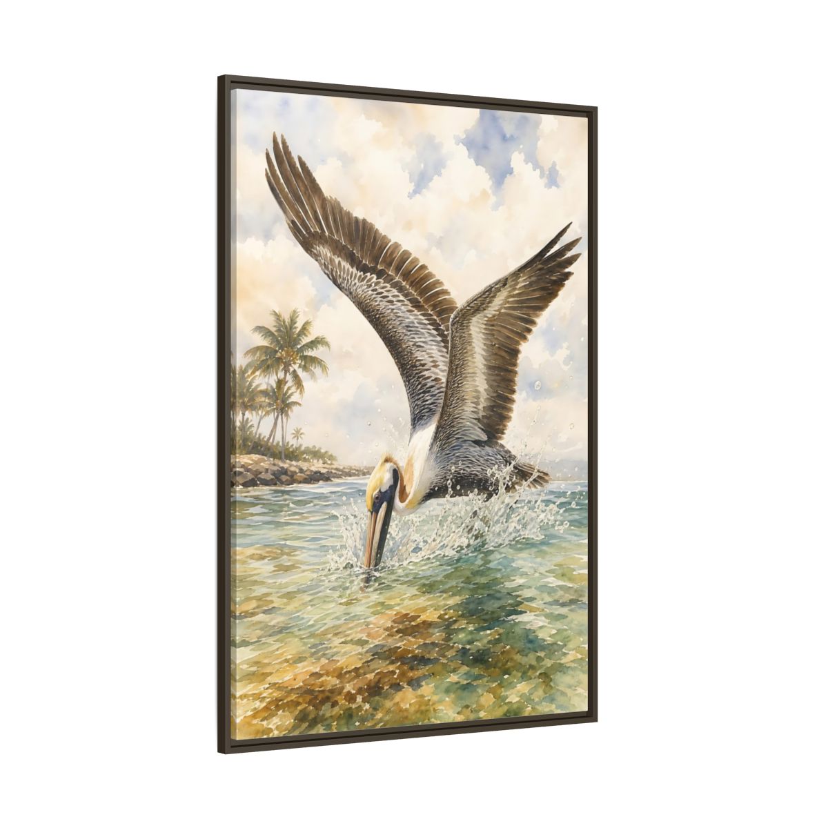 Side Mockup 8. Animals Pelican Pelican Ocean shown as stretched canvas wall art