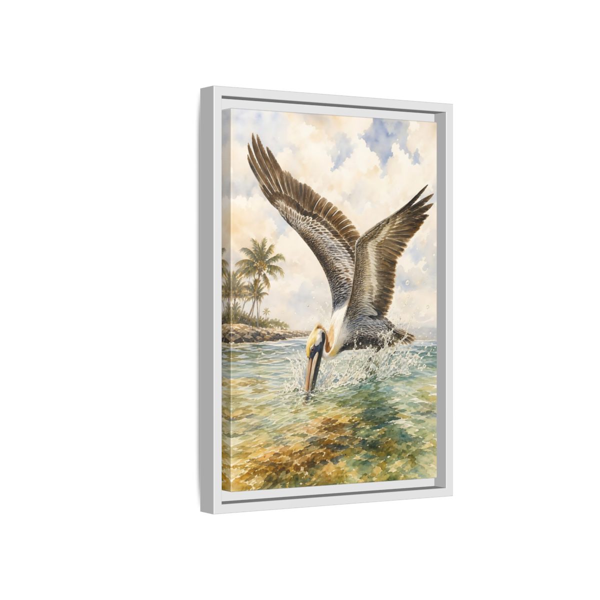 Side Mockup 4. Animals Pelican Pelican Ocean shown as stretched canvas wall art