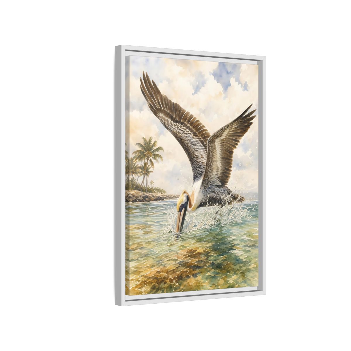 Side Mockup 1. Animals Pelican Pelican Ocean shown as stretched canvas wall art