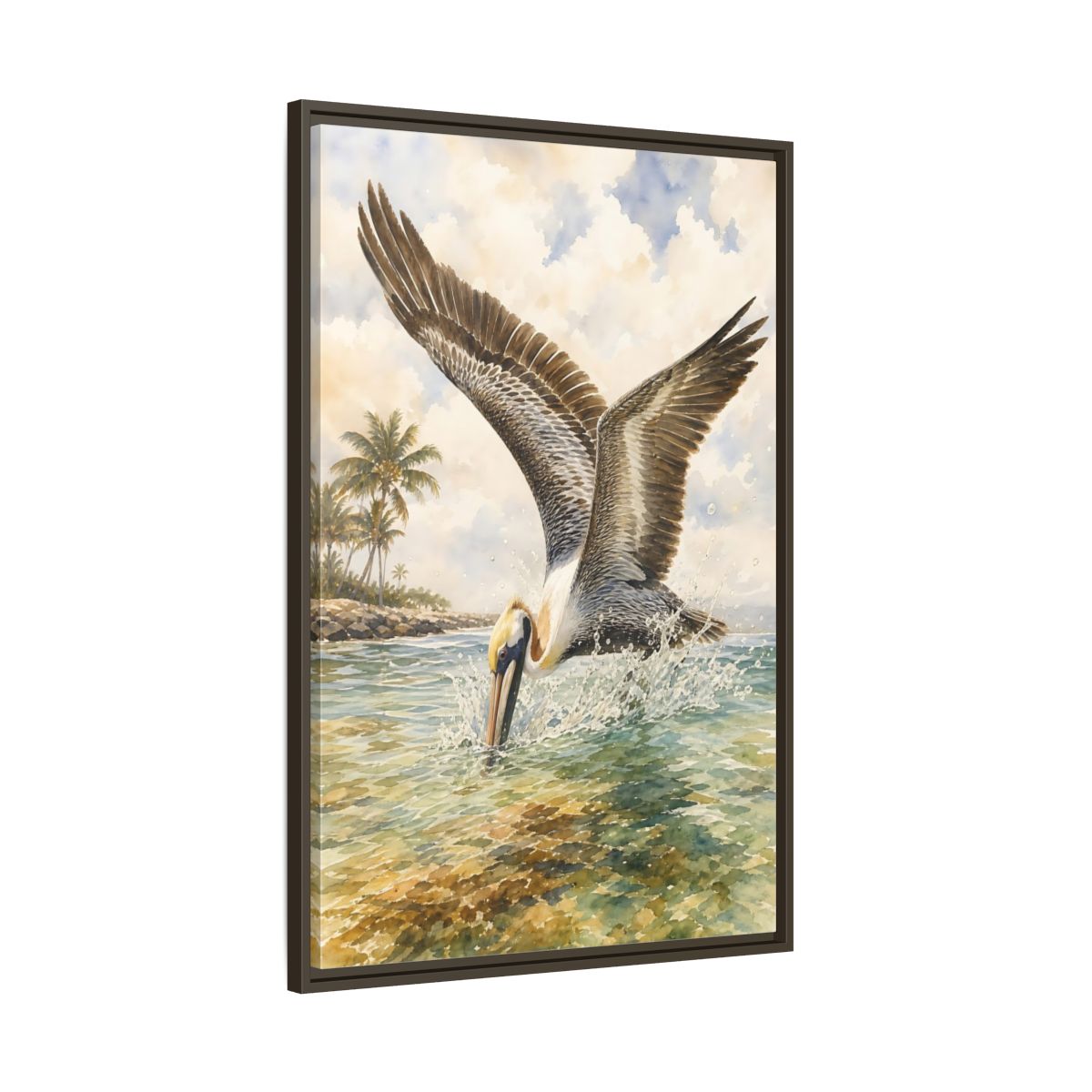 Main Mockup. Animals Pelican Pelican Ocean shown as stretched canvas wall art