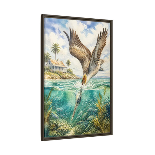 Main Mockup. Animals Pelican Pelican Ocean shown as stretched canvas wall art