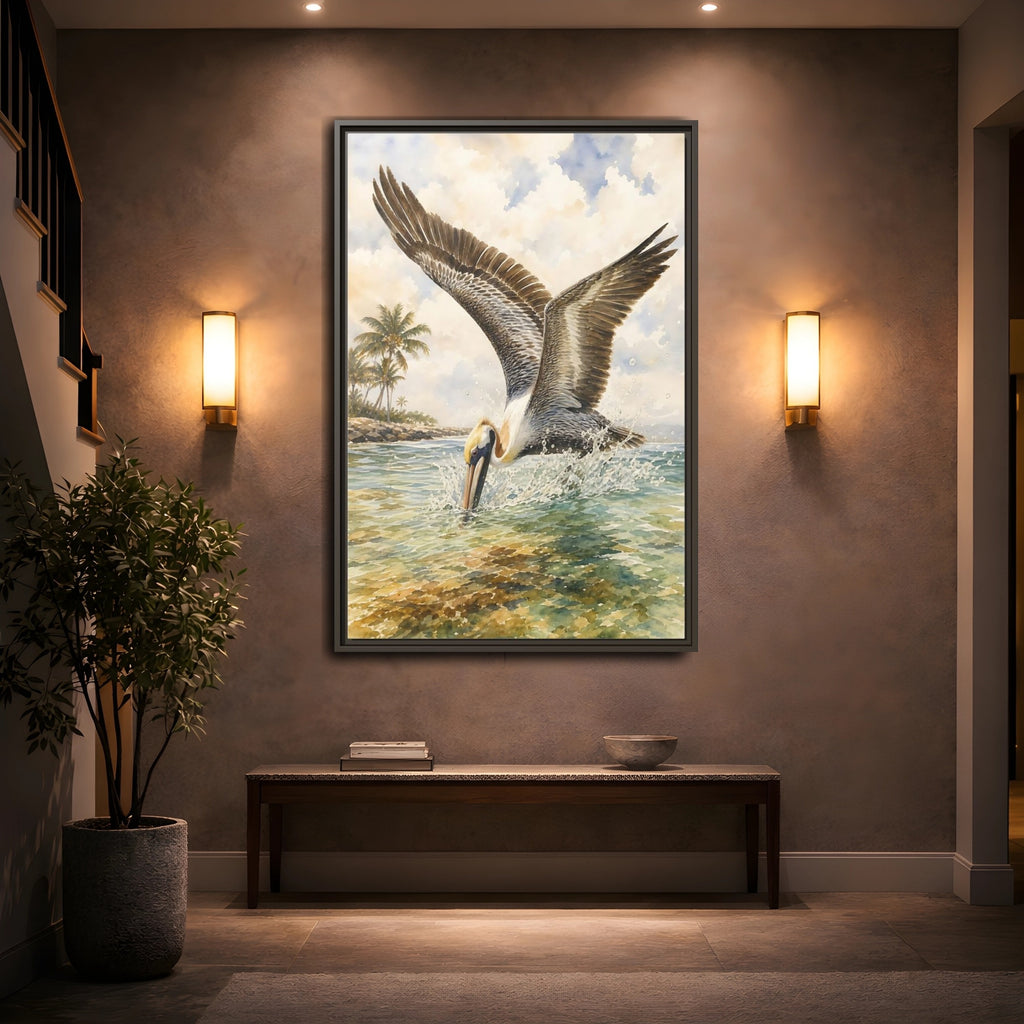 Mockup 2. Animals Pelican Pelican Ocean shown as stretched canvas wall art