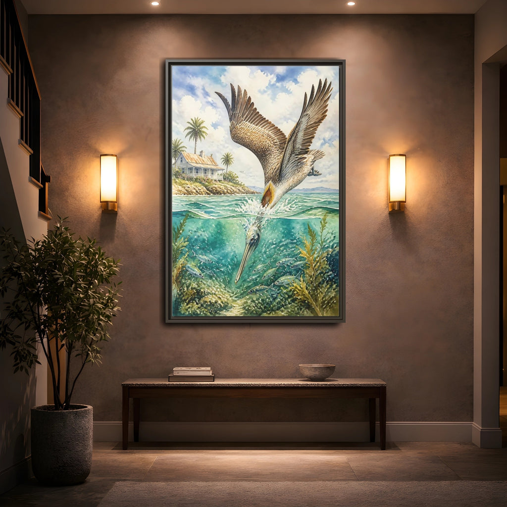 Mockup 2. Animals Pelican Pelican Ocean shown as stretched canvas wall art