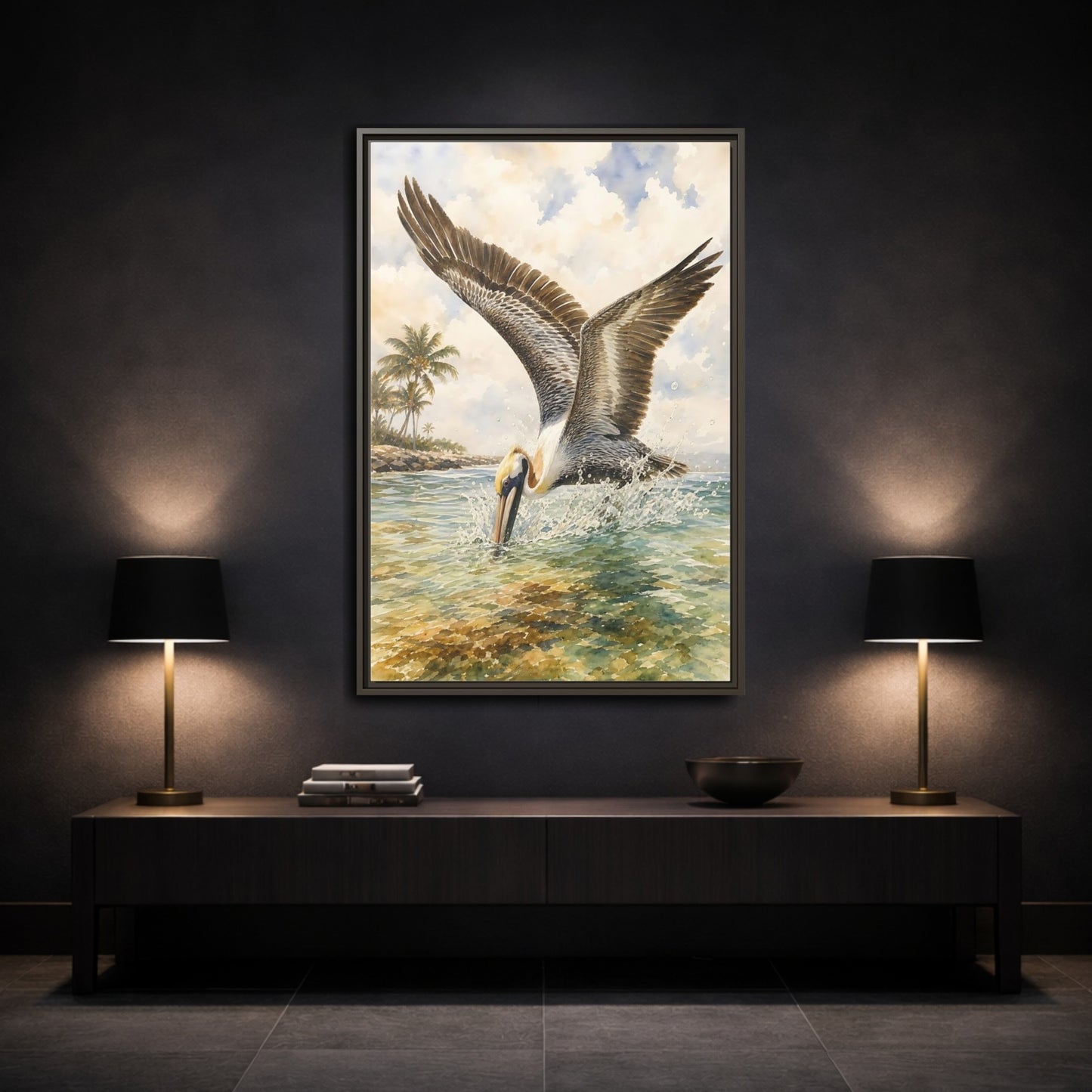 Mockup 3. Animals Pelican Pelican Ocean shown as stretched canvas wall art