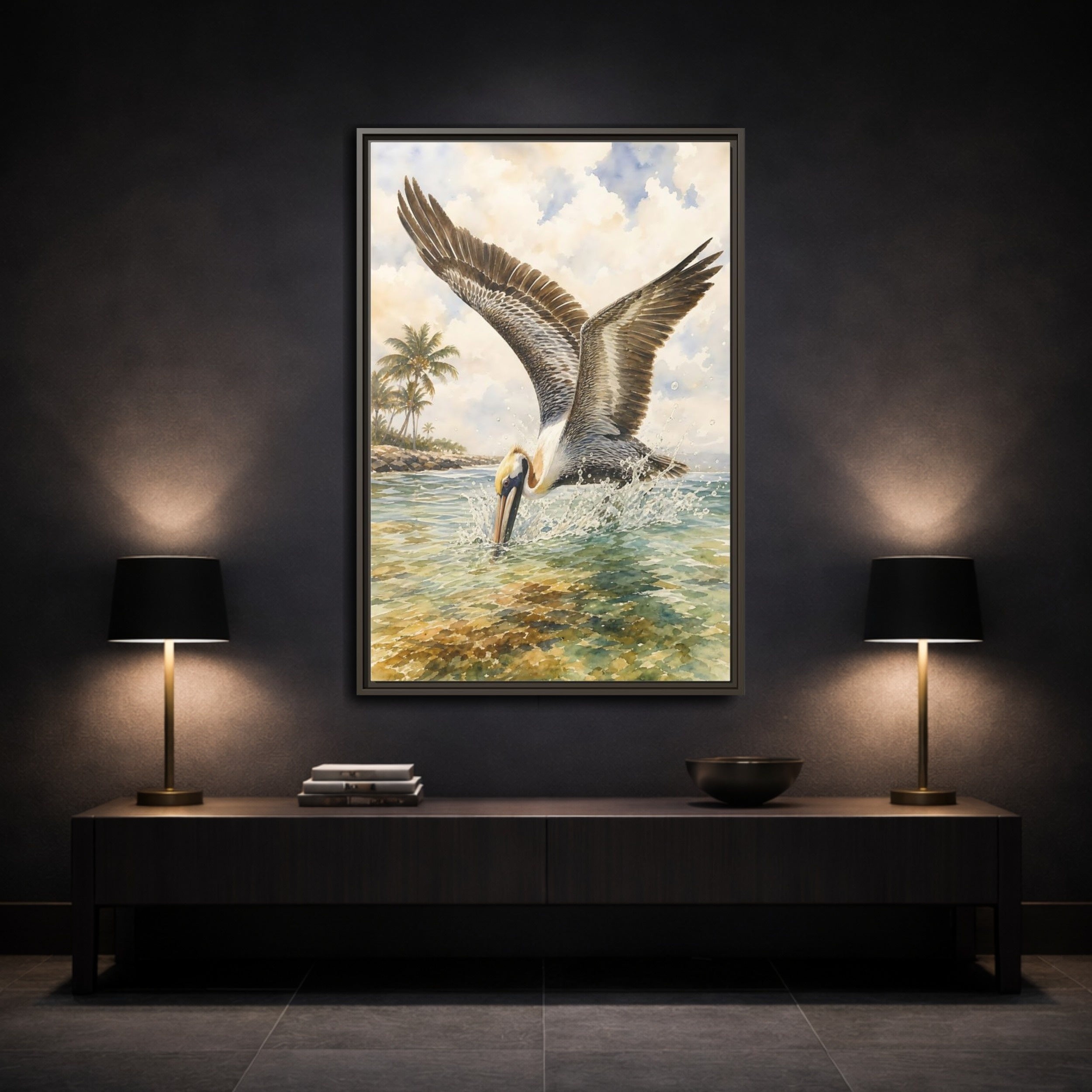 Mockup 3. Animals Pelican Pelican Ocean shown as stretched canvas wall art
