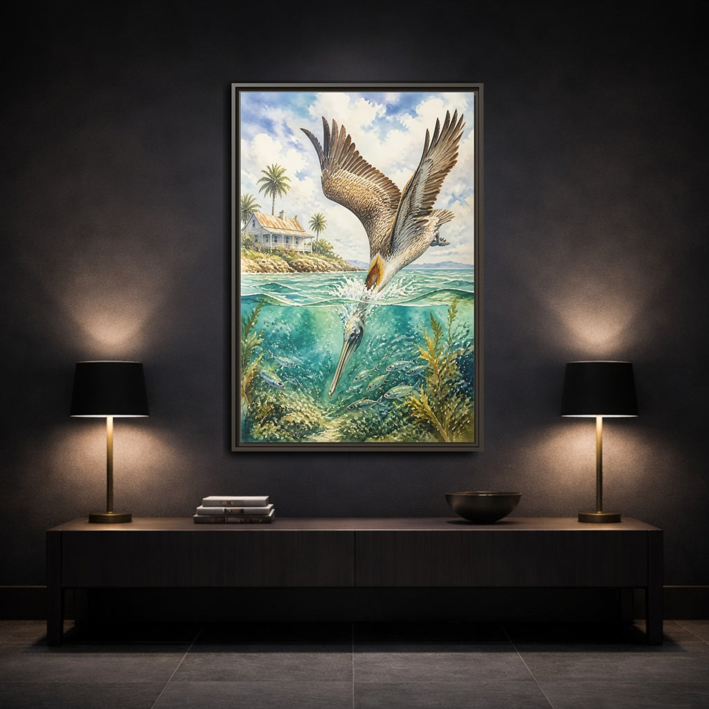 Mockup 3. Animals Pelican Pelican Ocean shown as stretched canvas wall art