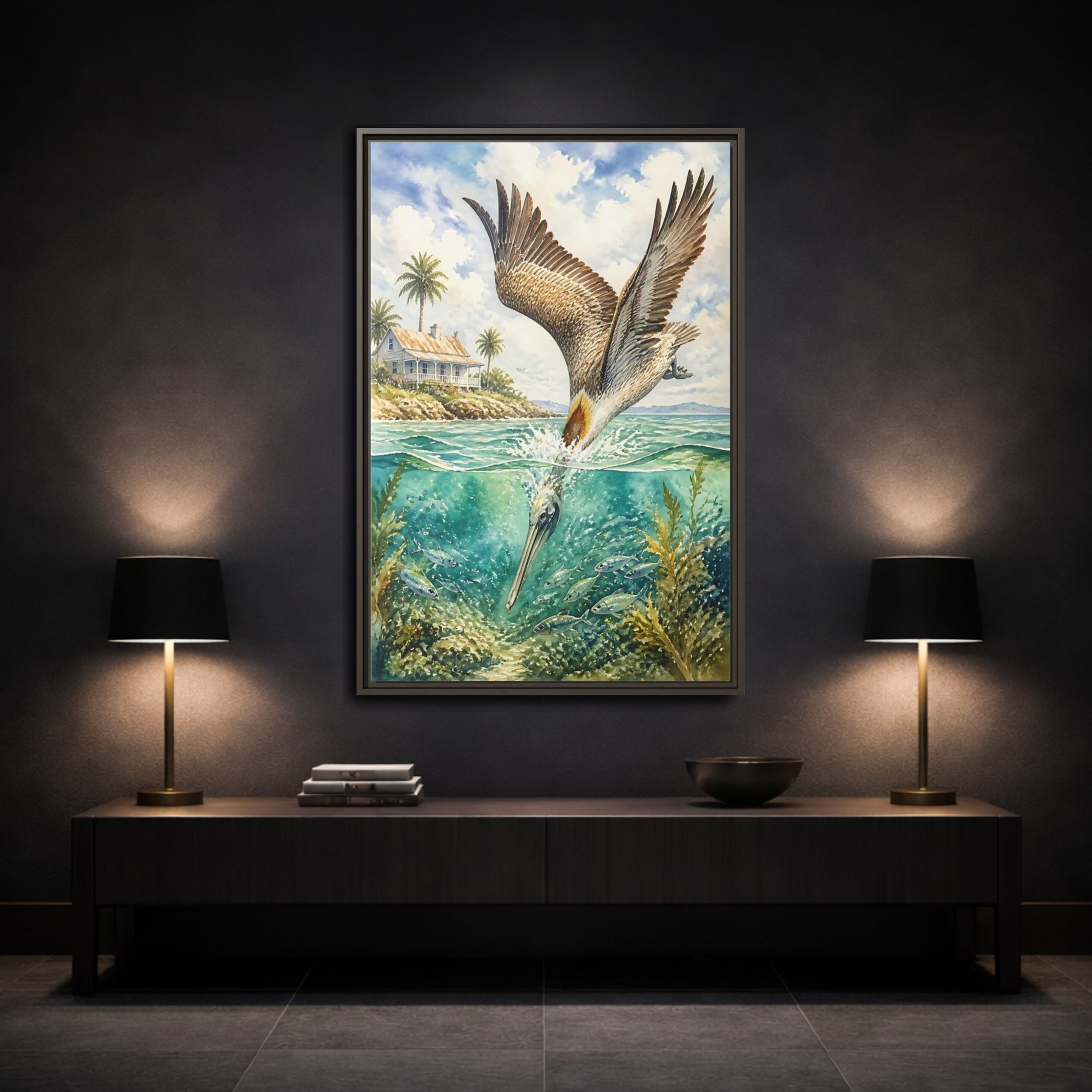 Mockup 3. Animals Pelican Pelican Ocean shown as stretched canvas wall art