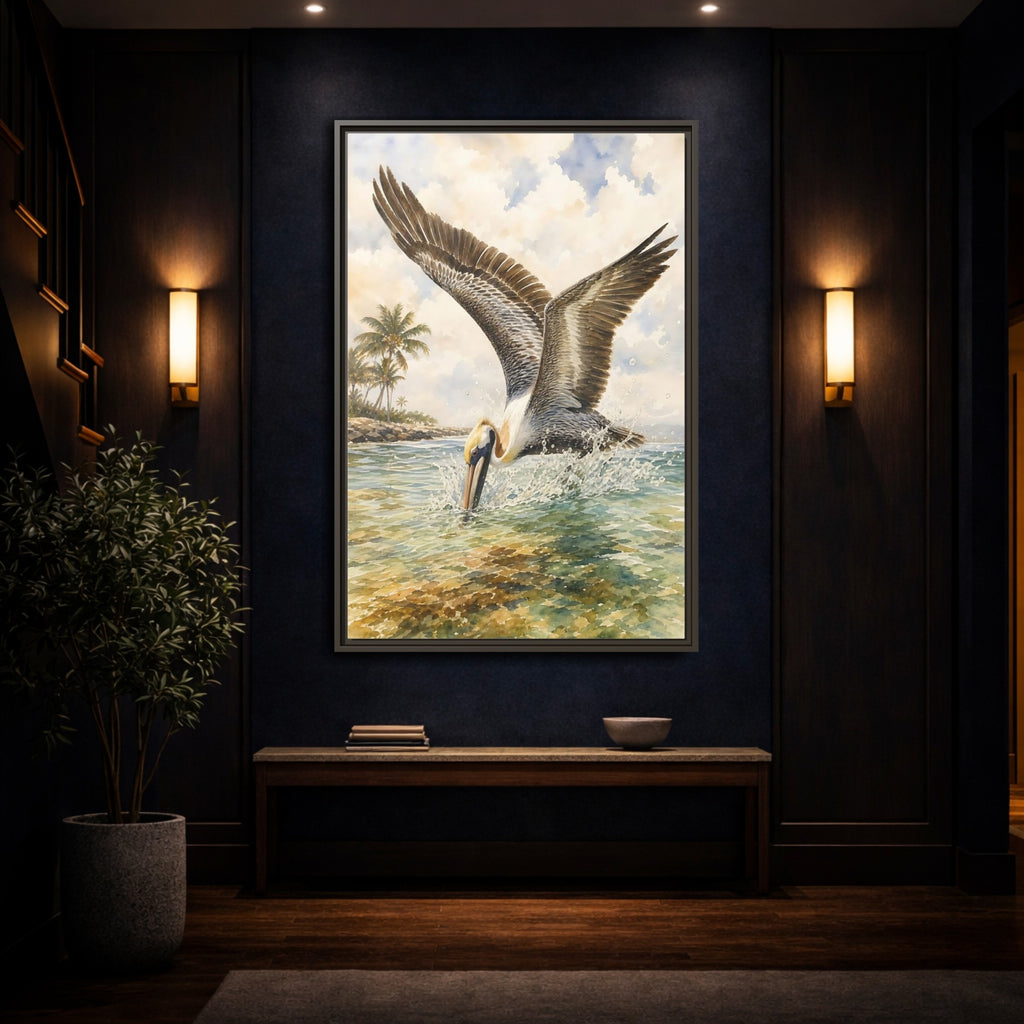 Mockup 4. Animals Pelican Pelican Ocean shown as stretched canvas wall art