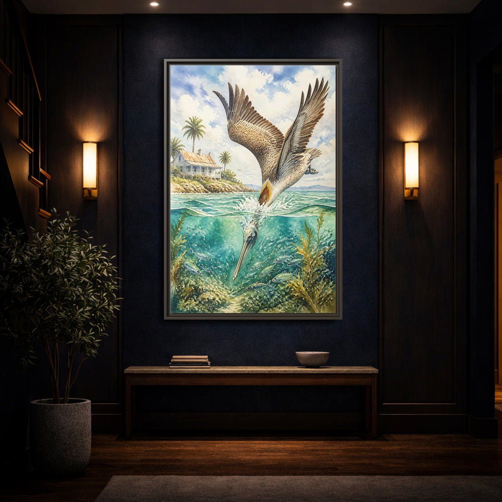 Mockup 4. Animals Pelican Pelican Ocean shown as stretched canvas wall art