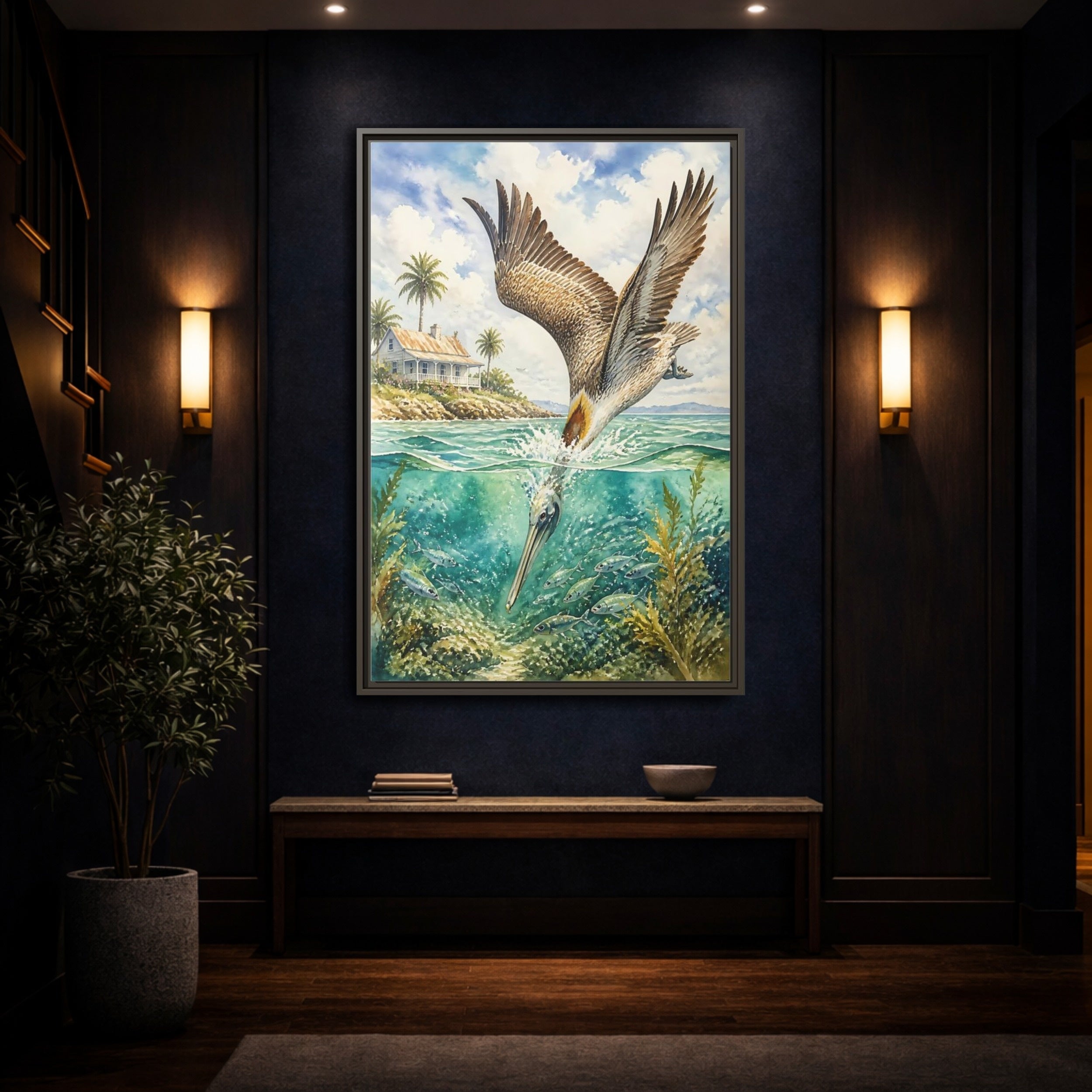 Mockup 4. Animals Pelican Pelican Ocean shown as stretched canvas wall art