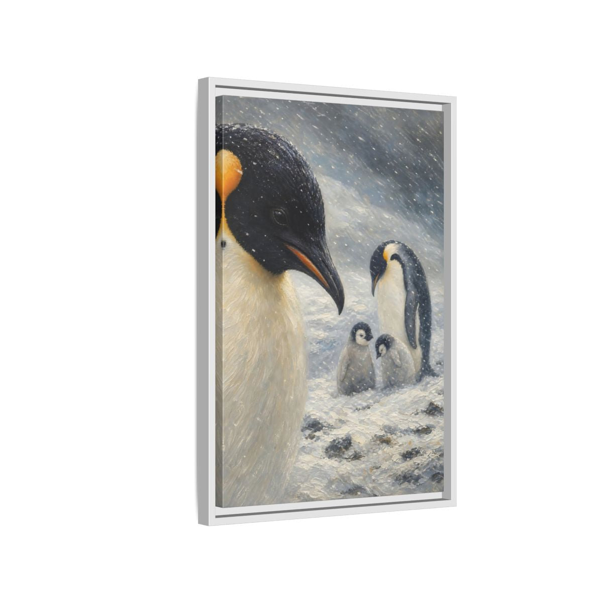 Side Mockup 1. Animals Penguin Family Winter Penguin shown as stretched canvas wall art