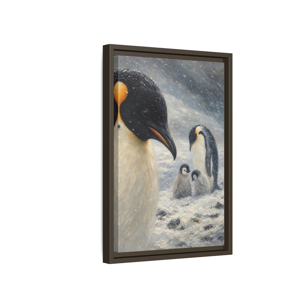 Side Mockup 5. Animals Penguin Family Winter Penguin shown as stretched canvas wall art