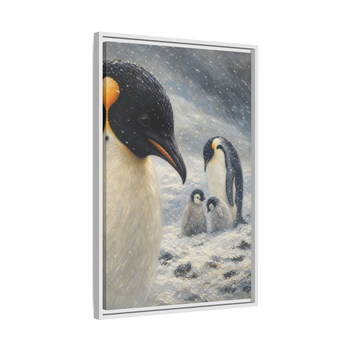 Side Mockup 10. Animals Penguin Family Winter Penguin shown as stretched canvas wall art