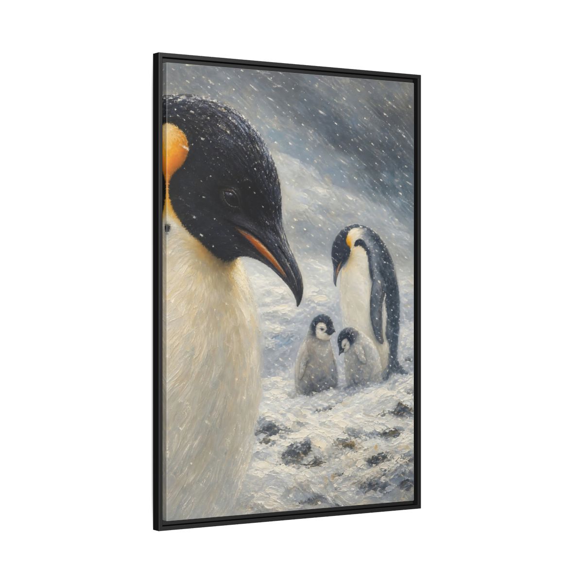 Side Mockup 12. Animals Penguin Family Winter Penguin shown as stretched canvas wall art