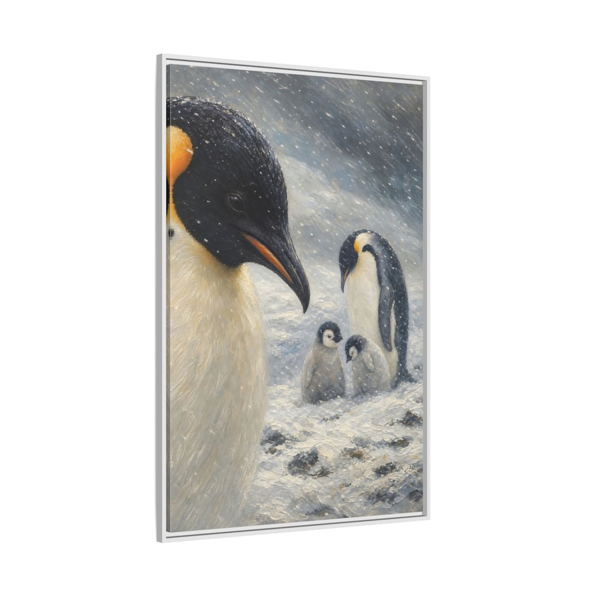 Side Mockup 7. Animals Penguin Family Winter Penguin shown as stretched canvas wall art
