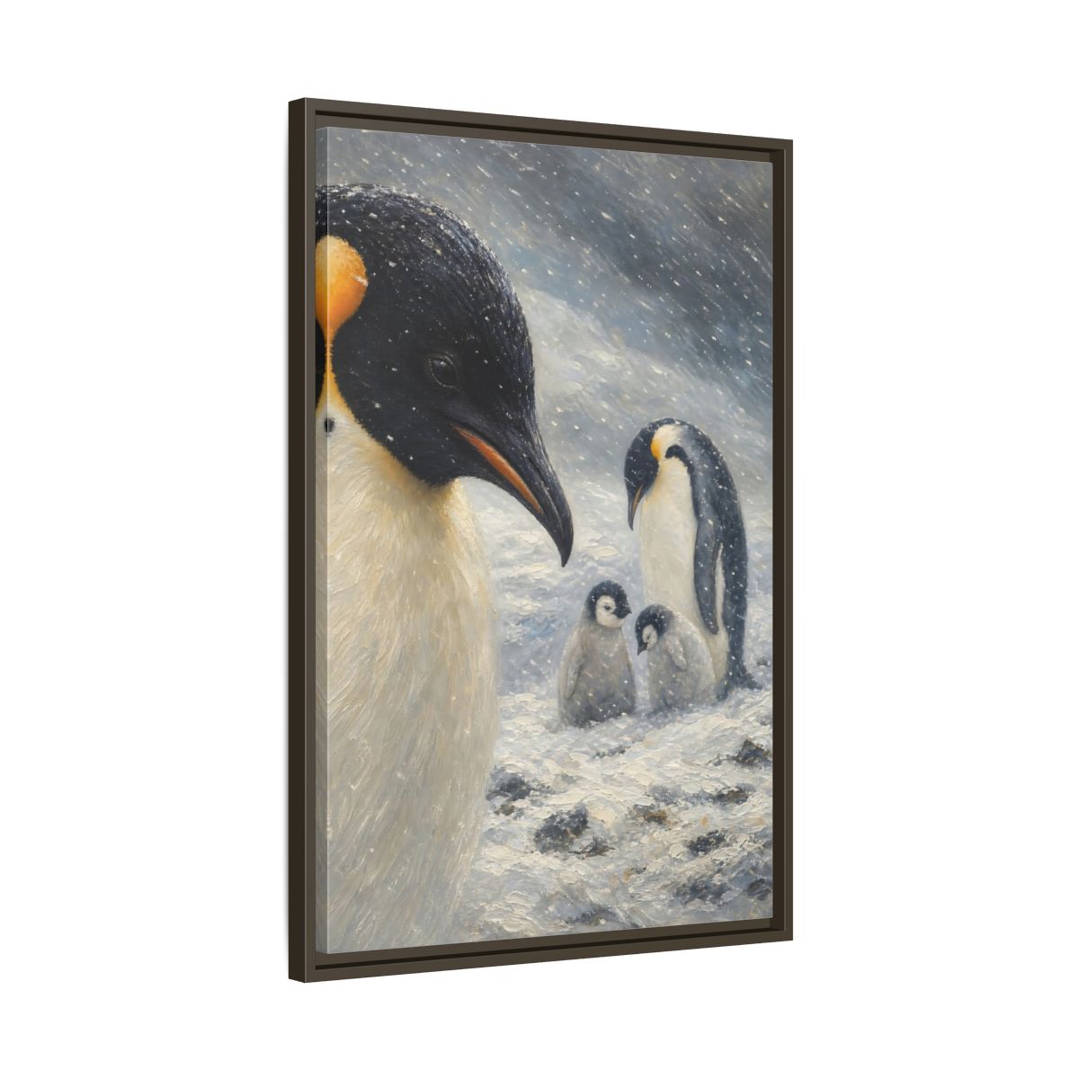 Side Mockup 11. Animals Penguin Family Winter Penguin shown as stretched canvas wall art