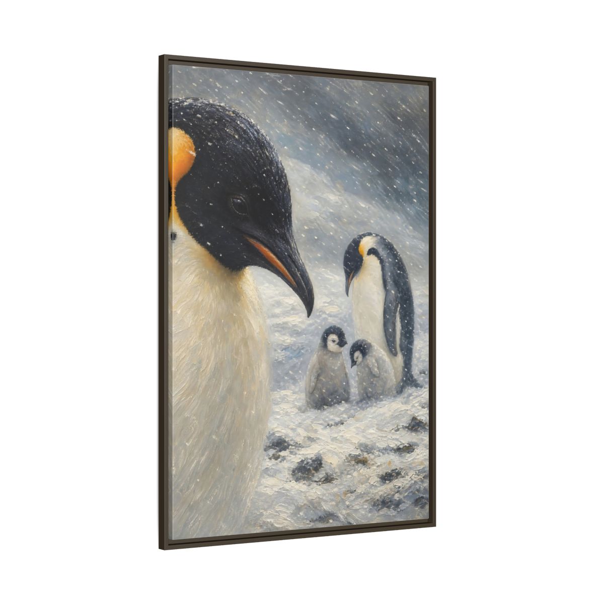 Side Mockup 8. Animals Penguin Family Winter Penguin shown as stretched canvas wall art