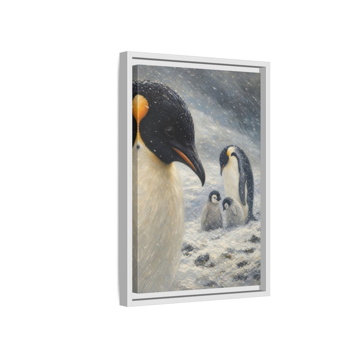Side Mockup 4. Animals Penguin Family Winter Penguin shown as stretched canvas wall art