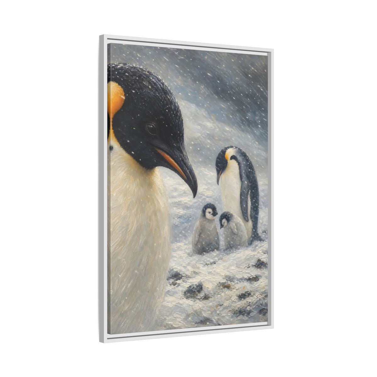 Side Mockup 9. Animals Penguin Family Winter Penguin shown as stretched canvas wall art