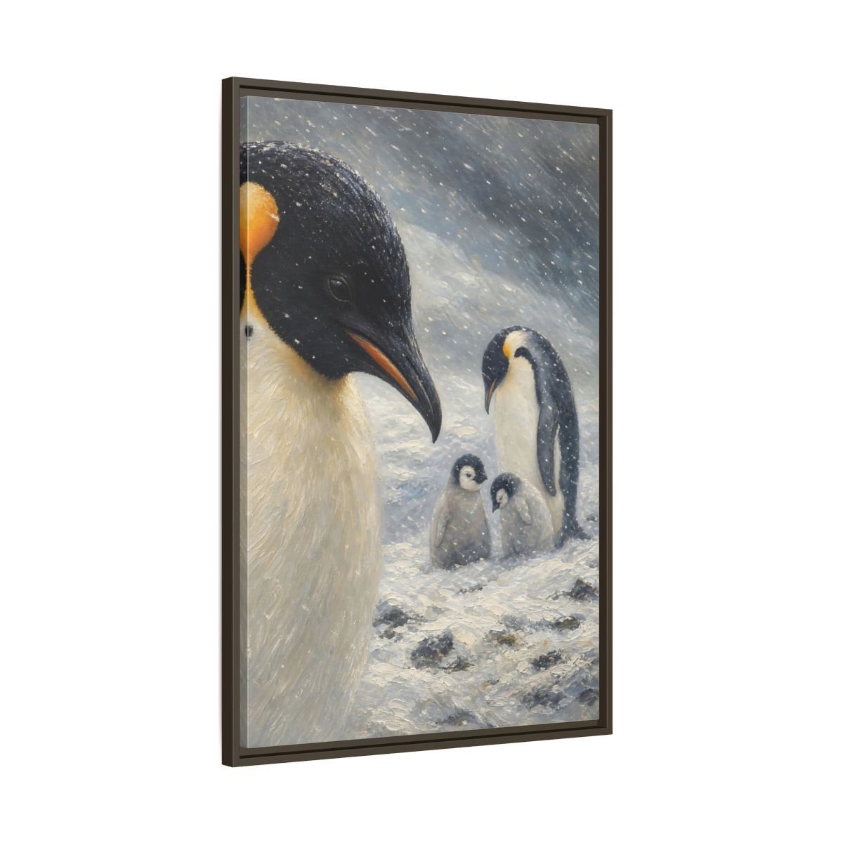 Main Mockup. Animals Penguin Family Winter Penguin shown as stretched canvas wall art