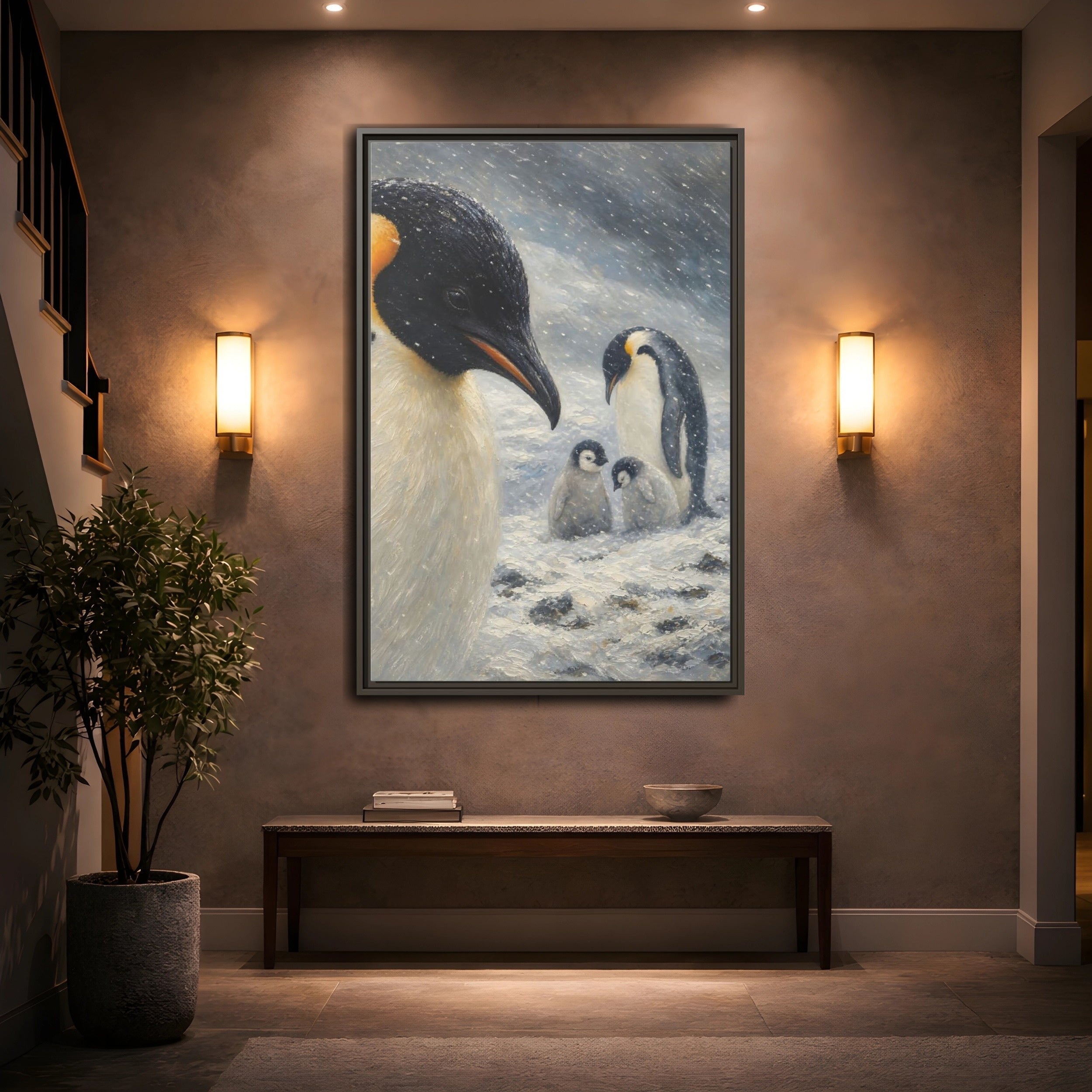 Mockup 2. Animals Penguin Family Winter Penguin shown as stretched canvas wall art
