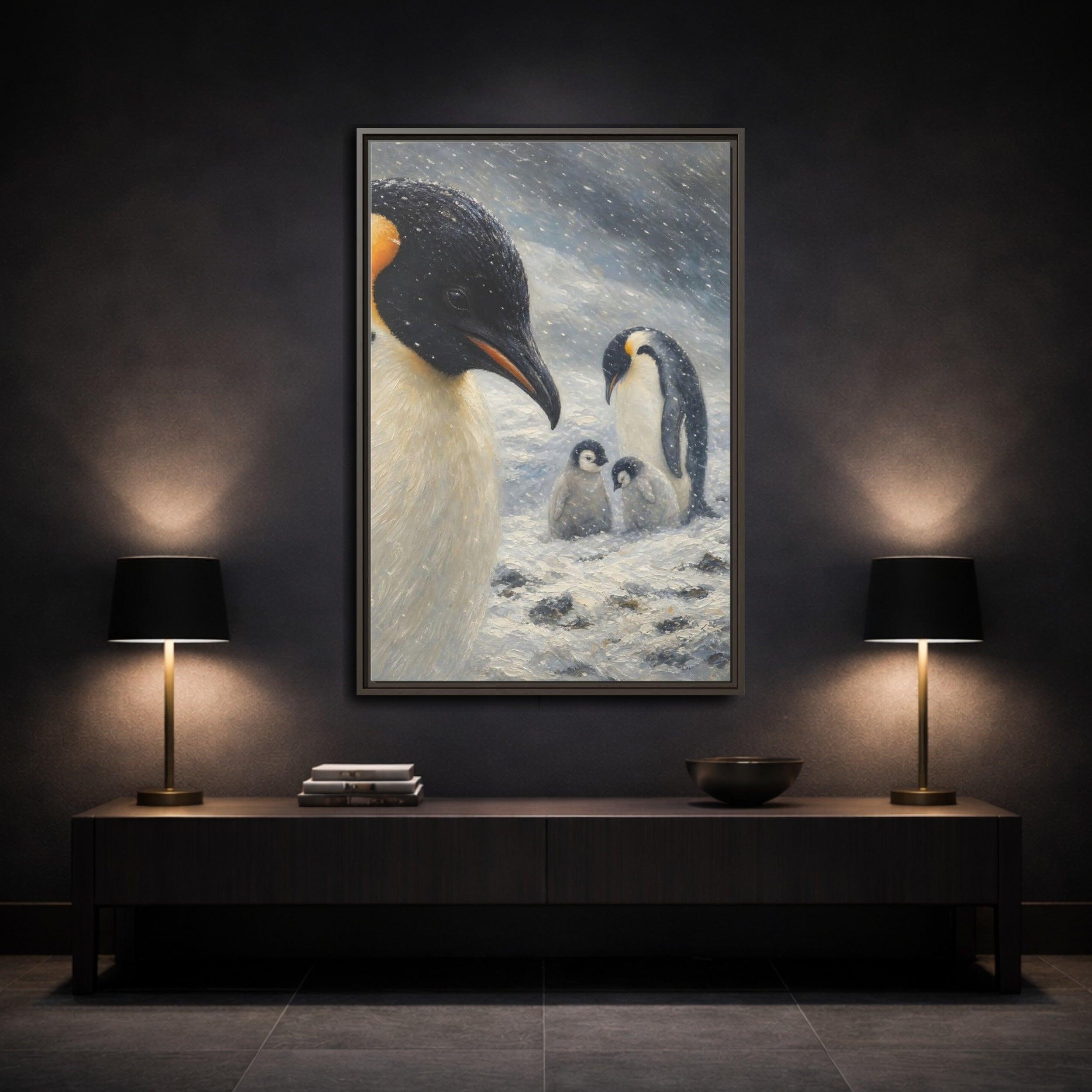 Mockup 3. Animals Penguin Family Winter Penguin shown as stretched canvas wall art