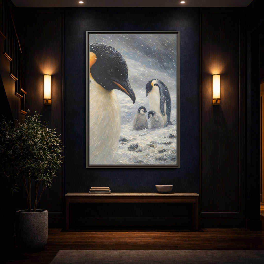 Mockup 4. Animals Penguin Family Winter Penguin shown as stretched canvas wall art