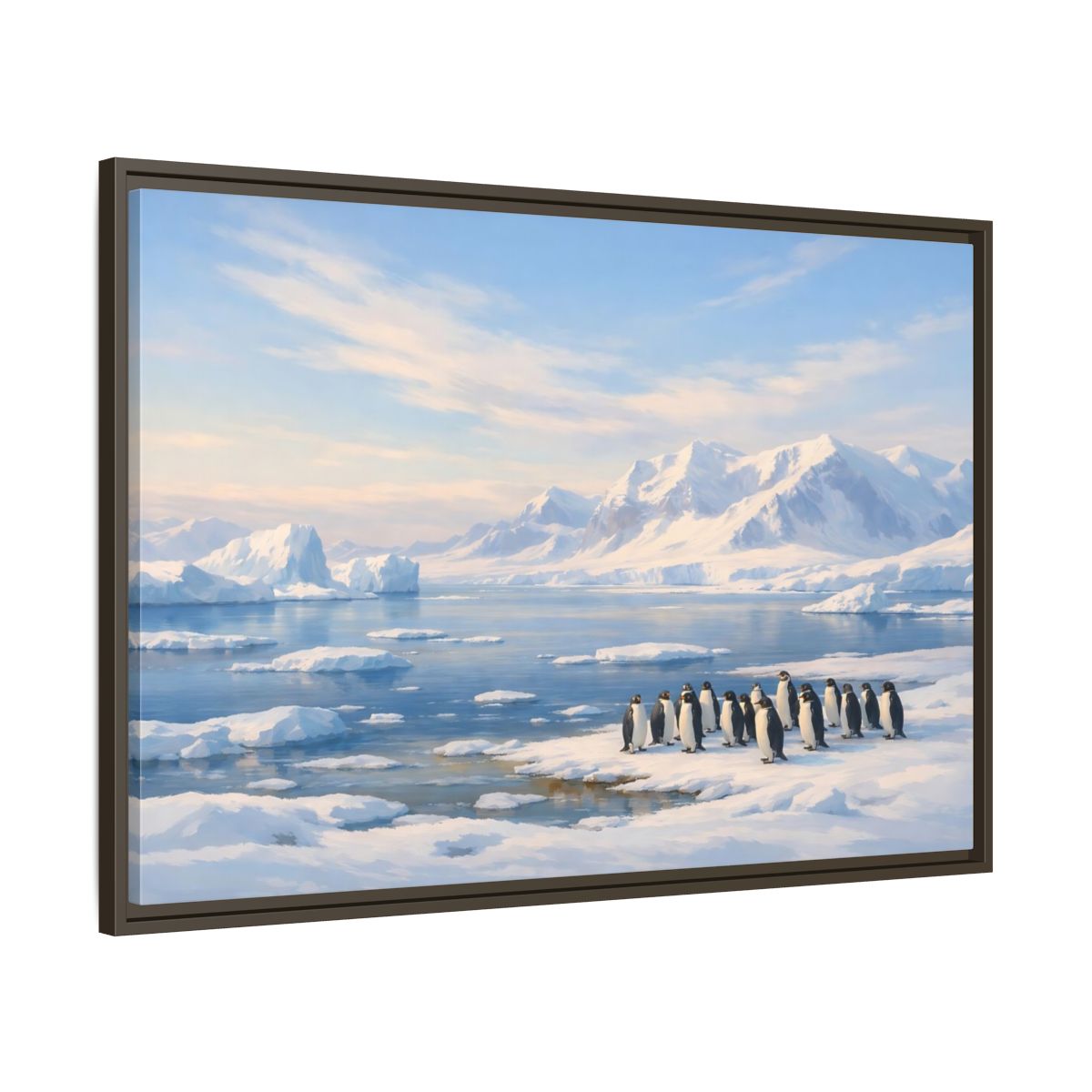 Main Mockup. Animals Penguins Blue And White shown as stretched canvas wall art