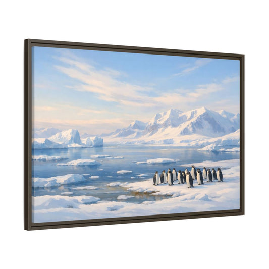 Main Mockup. Animals Penguins Blue And White shown as stretched canvas wall art
